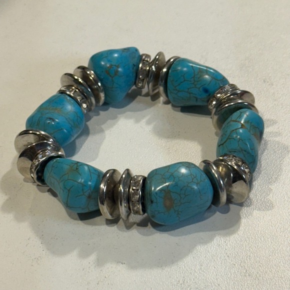 Turquoise Stone Silver Tone Stretch Bracelet Bohemian Chic Jewelry - Picture 3 of 3